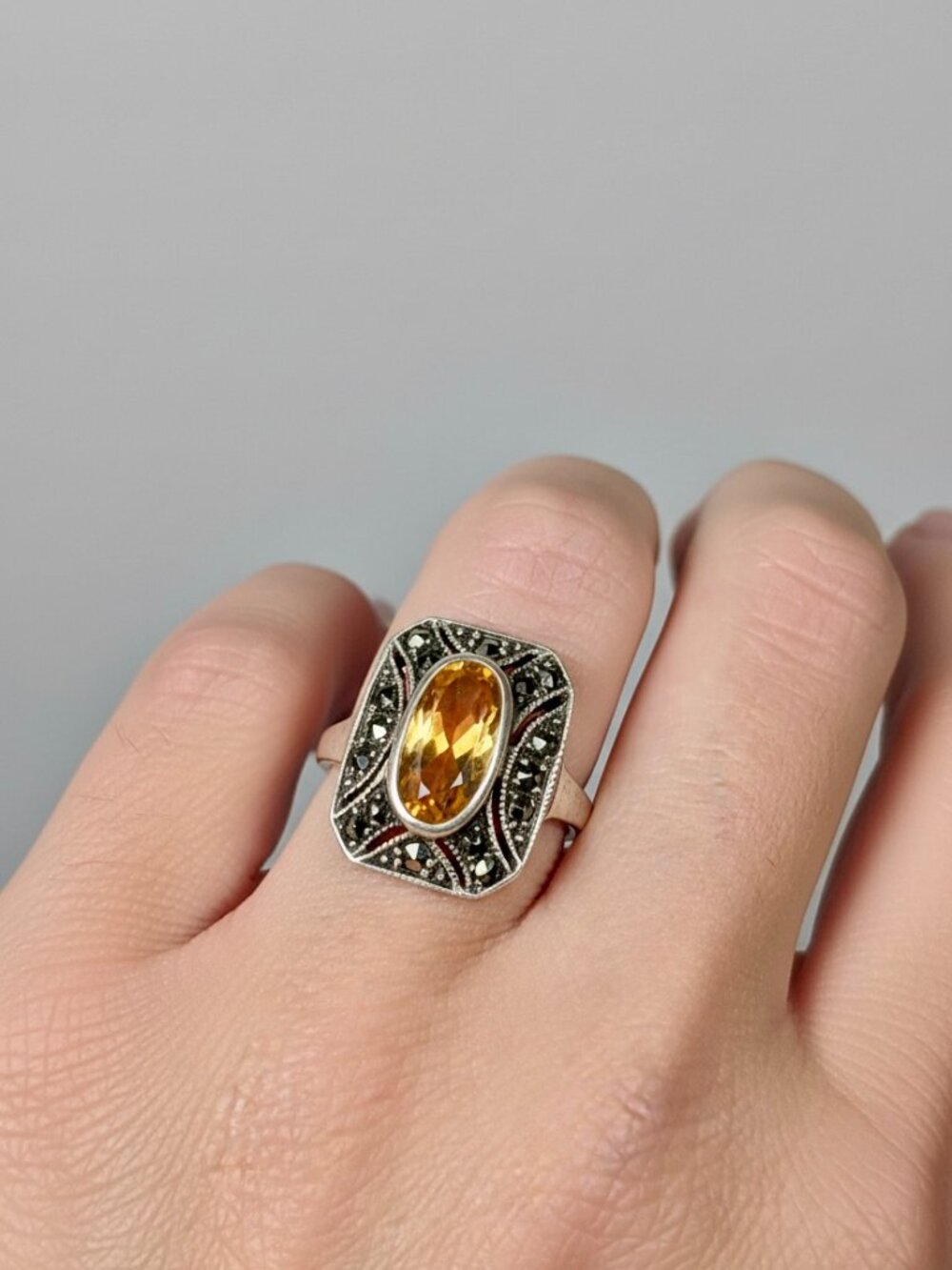 Vintage S.M. Adams Art Deco 925 Silver Citrine Marcasite Cocktail Ring Size 6.75